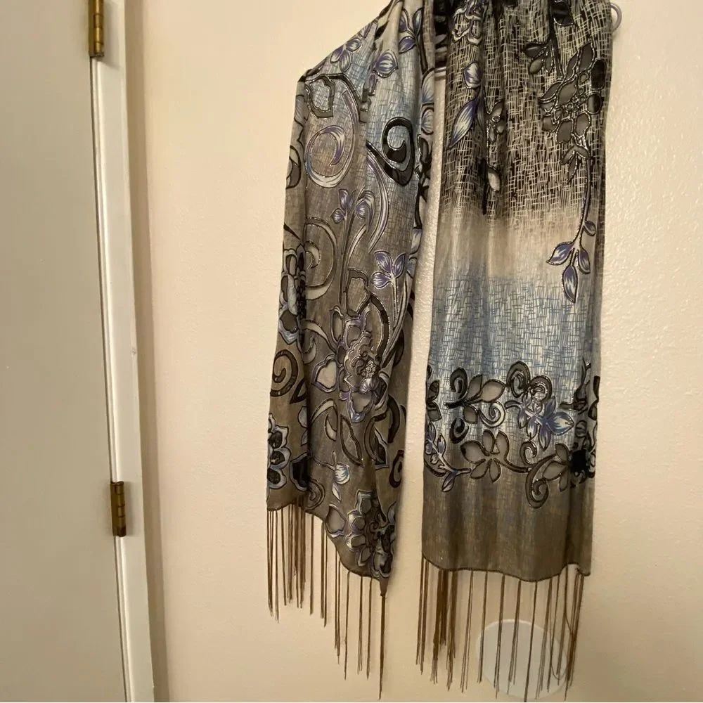 Lightweight blue gray ombre scarf wrap shawl shrug fringe mesh design 19x80